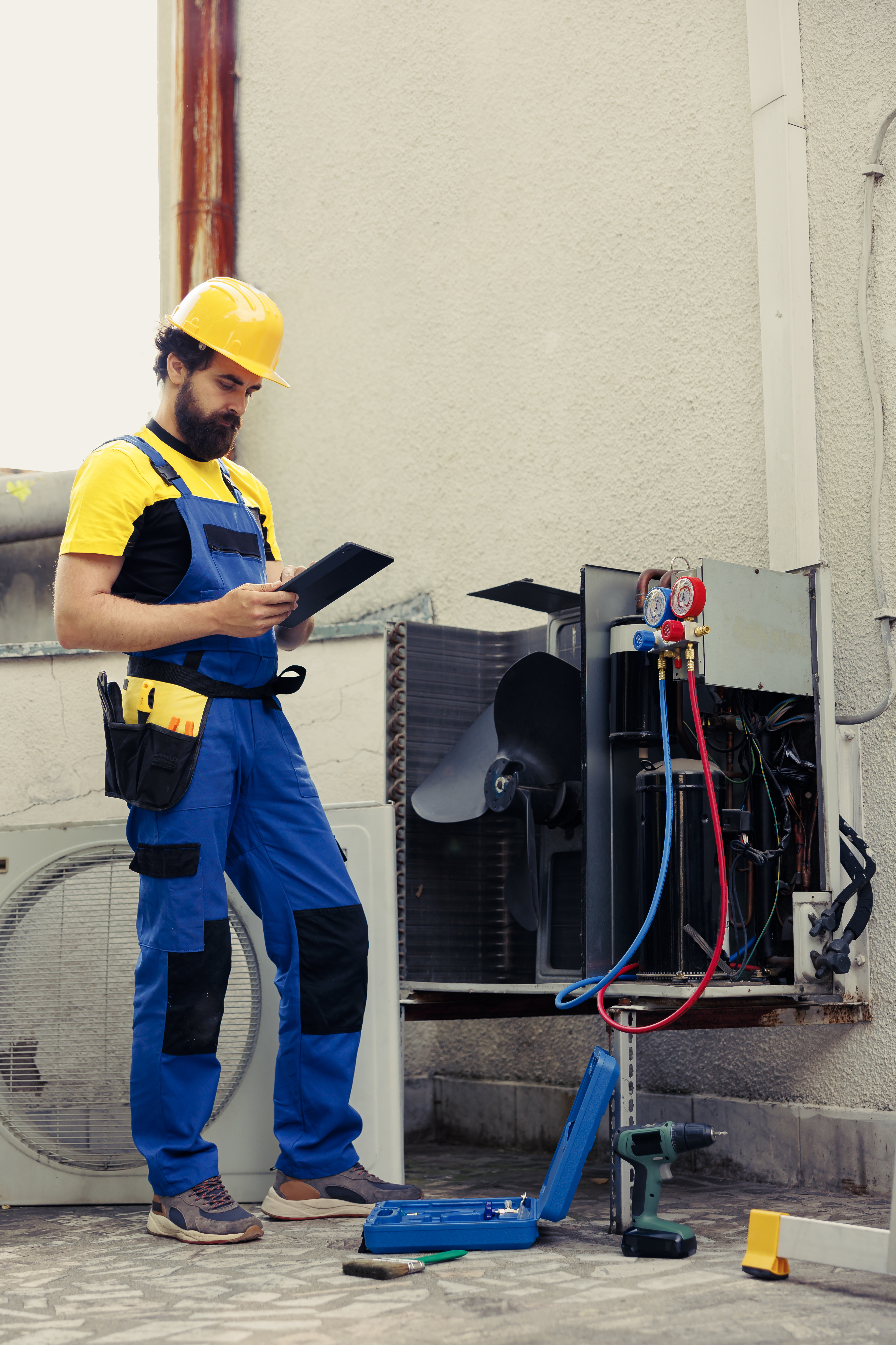 Technician evaluating HVAC system status to improve air quality performance