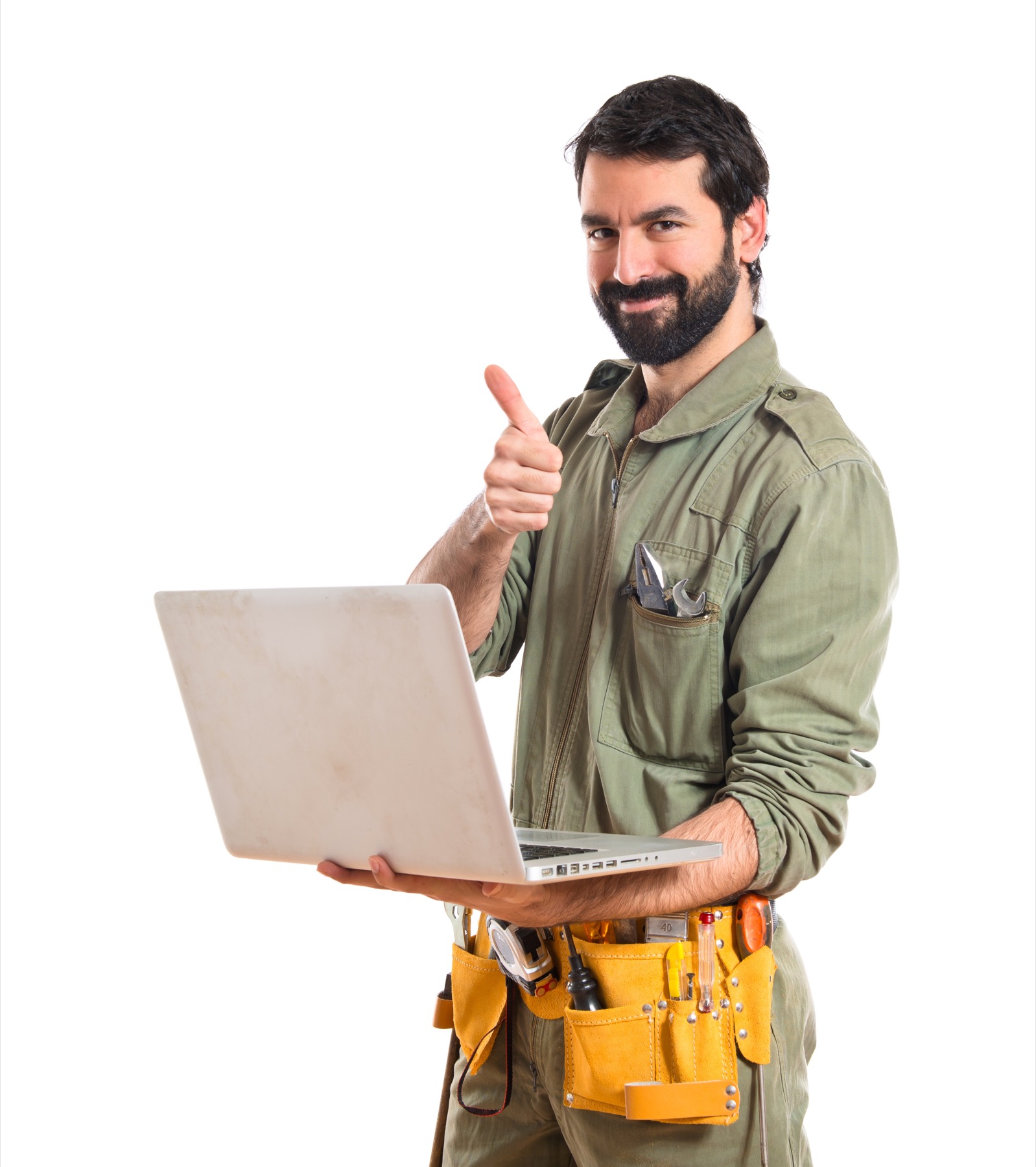 Technician with laptop ready for HVAC service.
